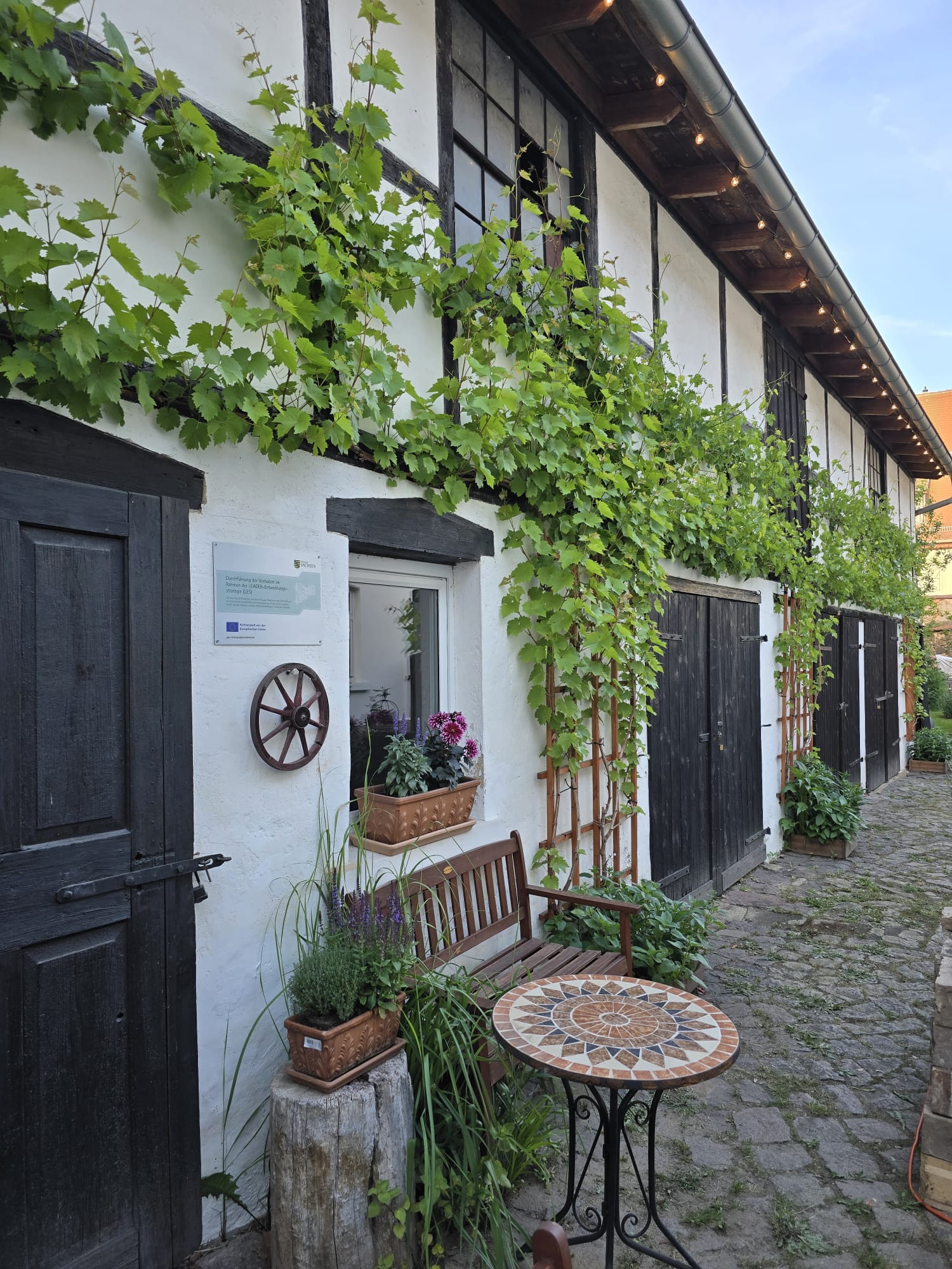 Fachwerkgebäude Alte Seilerei im begrünten Innenhof der Alten Rösterei in Grimma mit Weinranken und schwarzen Holztüren